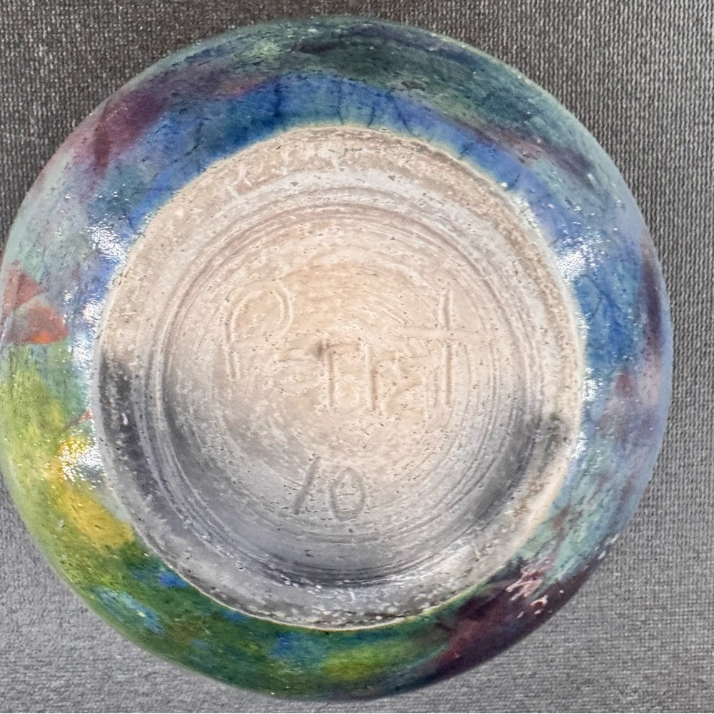 Iridescent Raku Pottery Vase Bowl Artist Signed 4” Diameter - Picture 6 of 8